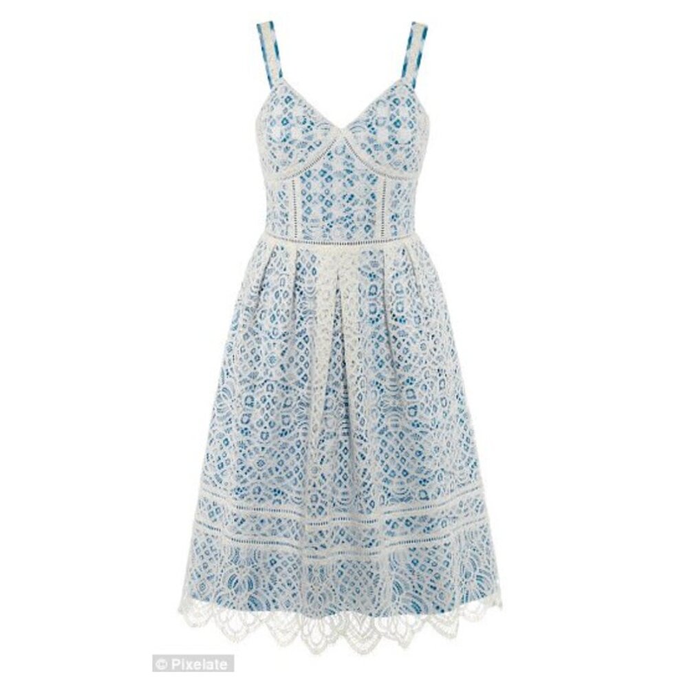 Draper James Net-a-Porter Blue Check and Lace Dress $525 Sz 2